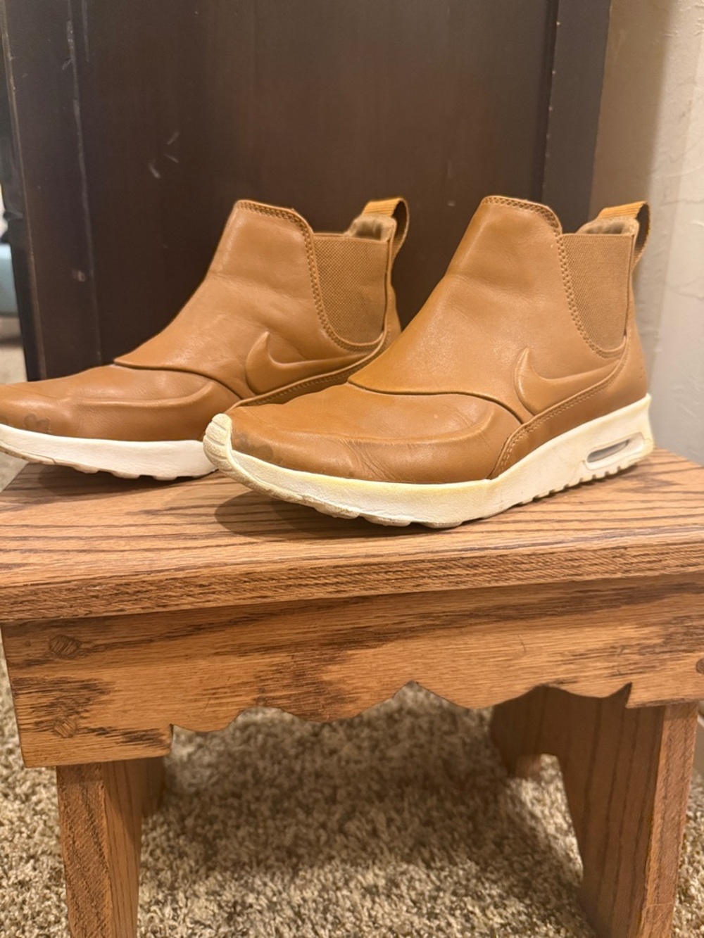Nike Tan Leather Slip-On Ankle Booties with White Midsole